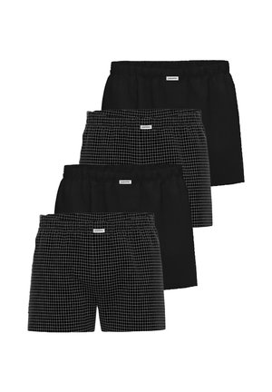 Vier Paare Herrenboxershorts in Schwarz und Schwarz mit weißem Gittermuster, abwechselnd angeordnet, mit kleinen vorderen Logoetiketten.