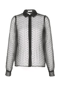 Chemisier noir transparent à manches longues, fermeture à boutons et col. Présente un motif à pois sur l'ensemble et une patte de boutonnage noire unie à l'avant.