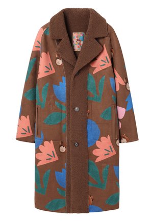 Brauner Mantel mit Blumenmustern in Pink, Blau und Grün. Verfügt über einen weichen Fleece-Kragen, Knöpfe vorne und Seitentaschen.