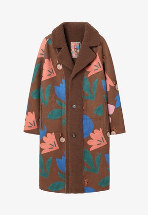 Brown coat with floral patterns in pink, blue, and green. Features a soft fleece collar, front buttons, and side pockets.