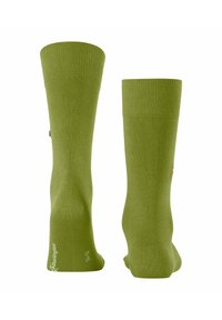 Grüne knielange Socken aus einem glatten Material, mit einem gerippten Oberteil und einem kleinen Logodetail nahe dem Knöchel.