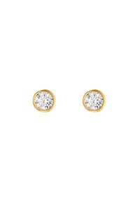 Orecchini a stud in tono oro con diamanti rotondi e brillanti in cristalli trasparenti incastonati in montature circolari a griffe. Finitura liscia con un aspetto lucido.