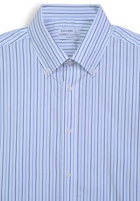 Weiße, taillierte Button-Down-Hemd mit blauen vertikalen Streifen und einem Button-Down-Kragen, Größe L, von Calliope.