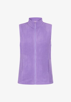 Purple fleece vest with a high collar, front zipper, and side pockets. Soft texture, sleeveless design, and rounded bottom hem.