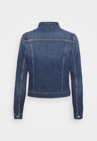Denim jacket in dark blue with a fitted silhouette, classic collar, vertical seams, and buttoned cuffs. Back view shows simple design.
