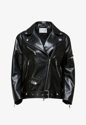 Black leather biker jacket with silver zippers, a belted waist, and a notch collar. Features multiple zippered pockets and a glossy texture.