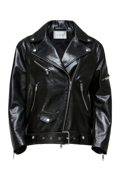 Black leather biker jacket with silver zippers, a belted waist, and a notch collar. Features multiple zippered pockets and a glossy texture.