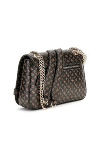 Borsa a tracolla in pelle nera con una tracolla a catena, caratterizzata da un design a motivi in bronzo, una tasca con zip e una forma strutturata.