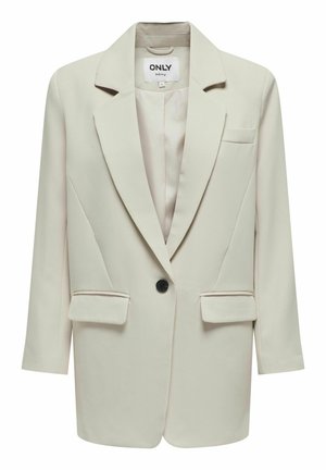 Beige szerkezetű zakó egyetlen fekete gombbal, lekerekített hajtókákkal, két elülső zsebbel és enyhén textúrált anyagból.