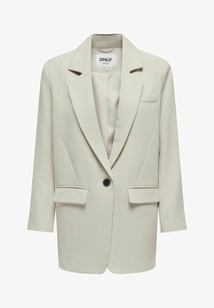 Beige struktūrēts žakets ar vienu melnu pogu, atlokāmām apakšmalām, divām priekšējām kabatām un nedaudz teksturētu audumu.