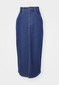 Tamsiai mėlynas džinsinis sijonas su aukštu liemeniu, tiesiomis linijomis, priekinėmis kišenėmis ir centru siūle. Apdorotas hem su minimaliais detalėmis.