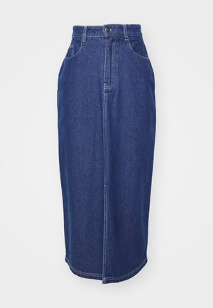 Traper suknja tamnoplave boje s visokim strukom, ravnog kroja, prednjim džepovima i središnjim šavom. Završni rub bez značajnih detalja.