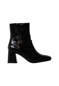 Bottine en cuir verni noir avec talon bloc et deux brides décoratives avec boucles sur le côté.