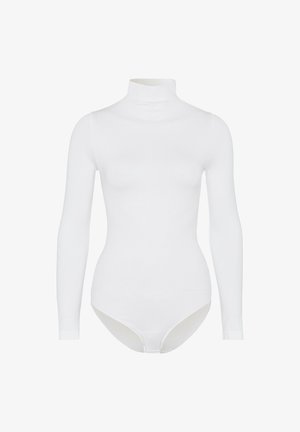 Langsleeve witte coltrui bodysuit gemaakt van rekbaar materiaal. Heeft een aansluitend ontwerp en een hoge hals, met minimale naden.