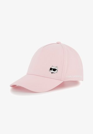 Casquette de baseball rose à visière courbée, ornée d'un graphisme de chat portant des lunettes de soleil en détail argenté. "KARL LAGERFELD" est brodé sur le côté.