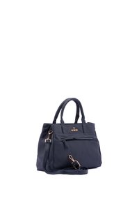 Borsa a mano in pelle blu navy con doppi manici superiori, tracolla regolabile, tasca esterna con zip e dettagli in metallo dorato.