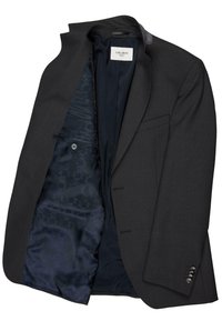 Dunkelgrauer Blazer aus strukturiertem Stoff, mit einem gemusterten blauen Futter, Ein-Knopf-Verschluss und drei Knöpfen am Ärmel.