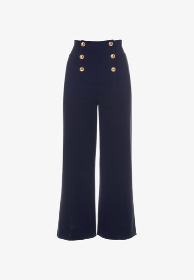 Pantalones de cintura alta y pierna ancha en azul marino, hechos de una tela suave, con detalles de botones dorados en la parte frontal y una cinturilla acanalada.