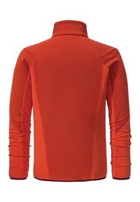 Fleece jacket in bright orange, featuring a high collar, textured fabric, and flat seams for comfort. Available in various sizes.