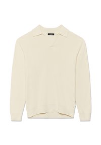 Krém színű pulóver, bordázott textúrával, rövid gallérral és V nyakkivágással. Egyenes aljjal és diszkrét oldalsó varrással rendelkezik.