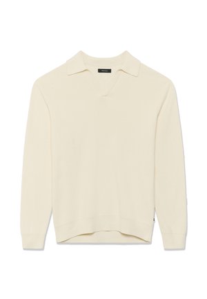 Kremowy pulower o ribbowanej fakturze, z krótkim kołnierzykiem i dekoltem w kształcie litery V. Posiada prosty dół oraz subtelne detale w bocznych szwach.