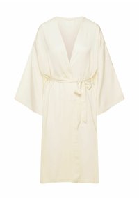 Jasno-beżowy kimono, wykonany z gładkiego materiału. Posiada szerokie rękawy, dekolt w kształcie V oraz przewiązywany pasek w talii, umożliwiający regulację dopasowania.