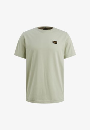 Svetlozelené tričko s krátkym rukávom vyrobené z bavlny. Má kulatý výstrih a malú čiernu nášivku na ľavej strane hrudníka s textom.