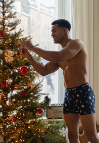 Zwarte bokshandschoenen met feestelijke patronen, waaronder bomen en peperkoekkoekjes. Een kerstboom versierd met rode ornamenten en lichtjes.