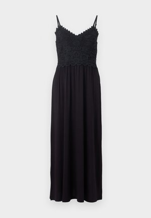 Robe maxi noire sans manches avec bretelles spaghetti et détail en dentelle florale sur le corsage, cintrée à la taille avec une jupe fluide.