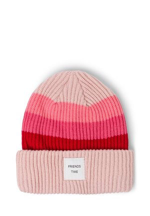Knitted beanie with a ribbed light pink cuff and vertical stripes in shades of pink and red. Rectangular patch with "FRIENDS TIME" text.