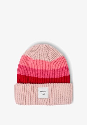 Knitted beanie with a ribbed light pink cuff and vertical stripes in shades of pink and red. Rectangular patch with "FRIENDS TIME" text.