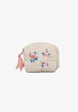 Pequeño bolso acolchado beige con bordado floral en rosa y azul, cremallera dorada y tira para tirar con borla de tela rosa.