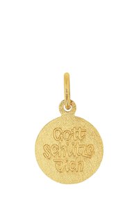 Pendente rotondo in oro con superficie texture e incisa la scritta tedesca "Gott schütze dich", con un piccolo anello d'oro attaccato.