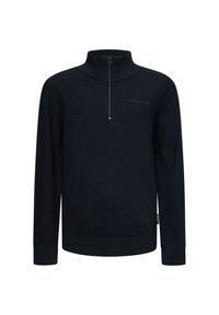 Maglione nero a pullover con collo a mezza zip, polsini e orli a coste, con un logo tono su tono. Realizzato in morbido materiale a maglia.