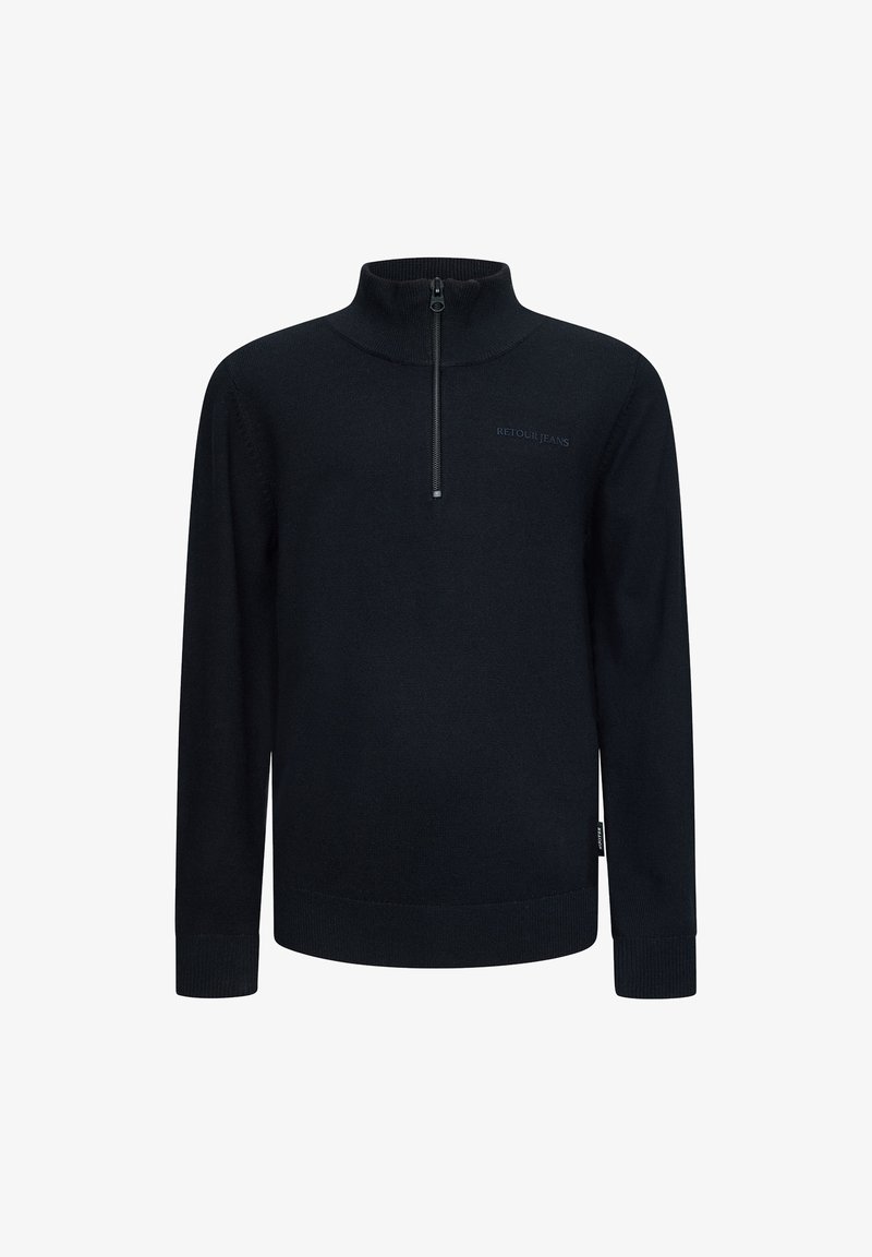 Maglione nero a pullover con collo a mezza zip, polsini e orli a coste, con un logo tono su tono. Realizzato in morbido materiale a maglia.