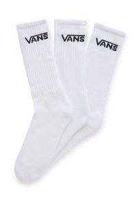 Tre paia di calze bianche con polsini a coste, ciascuna con il logo "VANS" nero. Materiale in cotone morbido e lunghezza standard fino alla caviglia.
