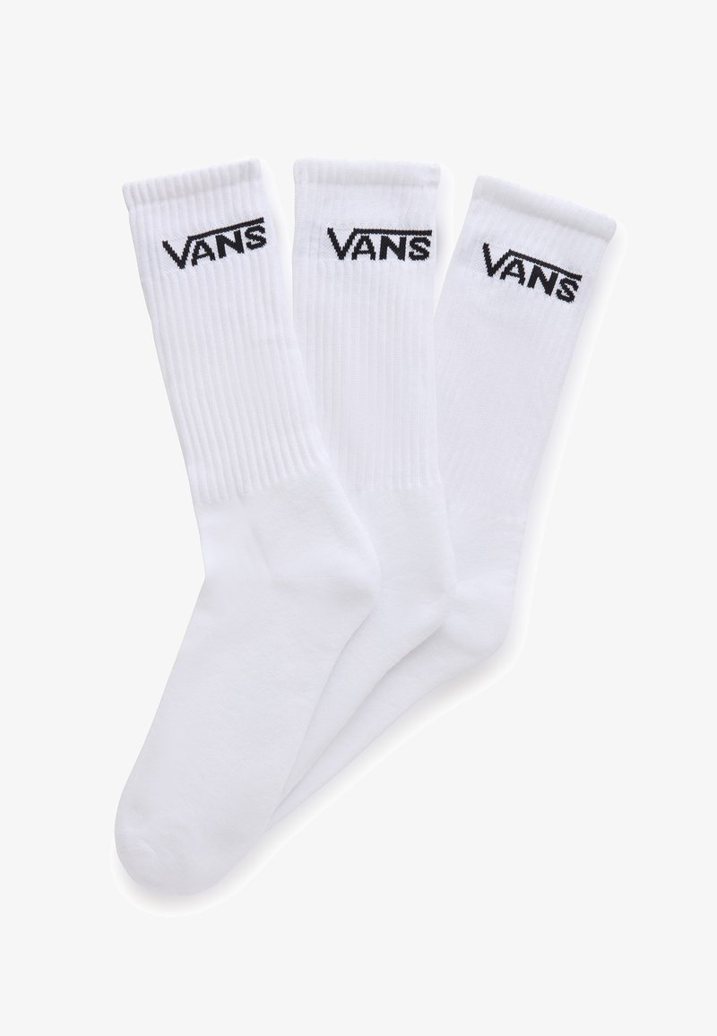 Tres pares de calcetines blancos con puños acanalados, con un logo negro de "VANS" en cada calcetín. Material de algodón suave con una longitud estándar de caña.