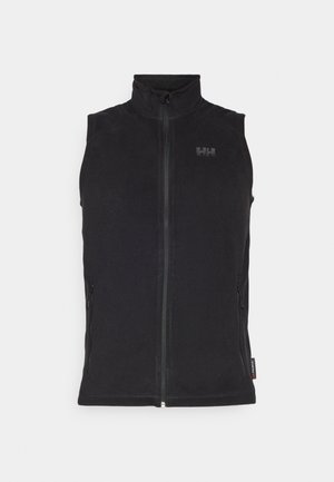 Black sleeveless vest made of soft fabric, featuring a high collar, front zipper, and two side zippered pockets. Displayed against a white background.