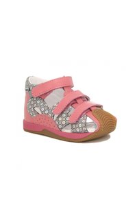 Infradito rosa con pannelli grigi a motivi floreali, cinturini regolabili in Velcro, suola in gomma e design open-toe. Materiale leggero e traspirante.