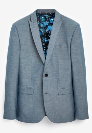 Light blue blazer with a textured fabric, single button closure, two front pockets, and a black floral-patterned lining.