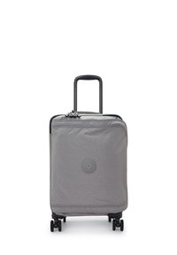 Gray rolling suitcase with a textured finish, black telescopic handle, four wheels, and a circular logo detail on the front.