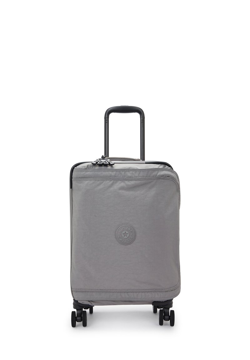 Gray rolling suitcase with a textured finish, black telescopic handle, four wheels, and a circular logo detail on the front.