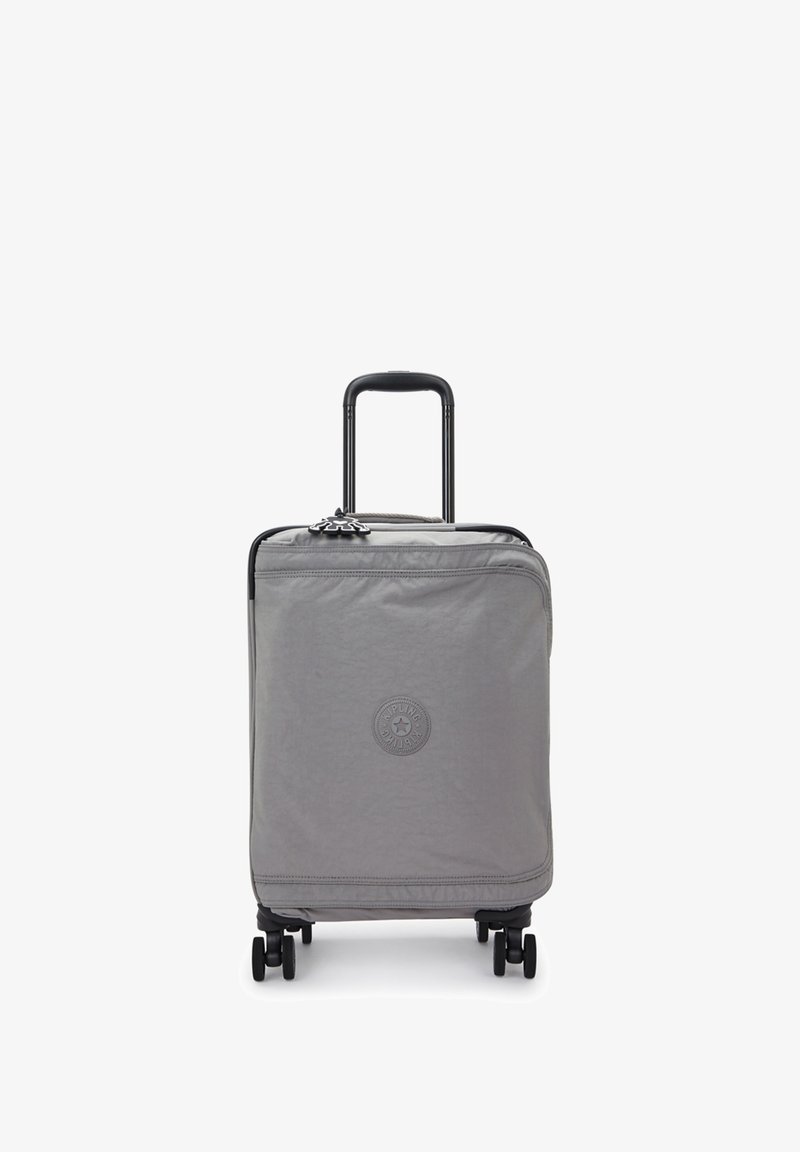 Gray rolling suitcase with a textured finish, black telescopic handle, four wheels, and a circular logo detail on the front.