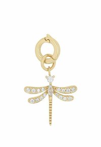 Charm de libélula dorada con cristales claros brillantes. Presenta un diseño intrincado en las alas y una cabeza de cristal redonda. Incluye un cierre dorado.