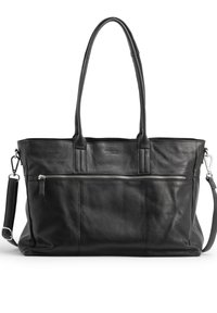 Borsa a spalla nera in pelle con manici doppi, tasca frontale con zip e tracolla removibile. Texture liscia e forma strutturata.