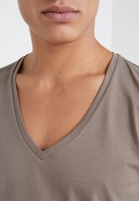 Koszulka typu V-neck w stonowanym brązowym kolorze. Miękka, gładka tkanina o dopasowanym kroju. Minimalistyczny styl, bez widocznych wzorów czy grafik.