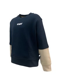 Felpa blu navy con maniche lunghe beige, collo a giro, e logo K-WAY bianco. Tessuto morbido, vestibilità comoda, polsini e orlo a coste.