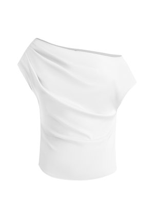 Witte off-shoulder top van gladde stof. Beschikt over een gedrapeerd ontwerp en een ontspannen pasvorm. Korte mouwen en lengte onder de taille.