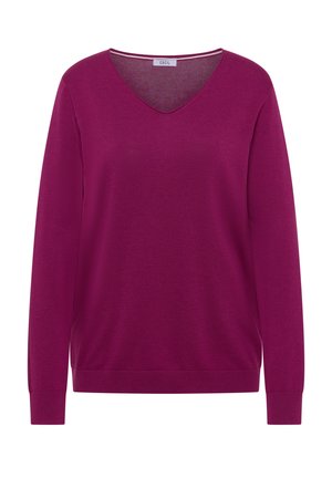 Pull à manches longues pour femmes en magenta profond avec col en V et poignets ainsi qu'ourlet côtelés, présenté sur un fond blanc.