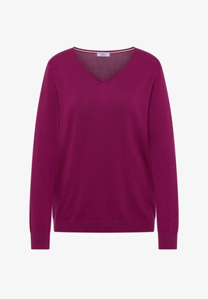 Pull à manches longues pour femmes en magenta profond avec col en V et poignets ainsi qu'ourlet côtelés, présenté sur un fond blanc.